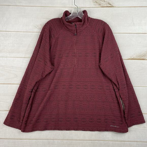 Eddie Bauer Sweater Women 2XL Red Burnout 1/4 Zip Up Fleece Mock Neck Classic - Picture 1 of 10